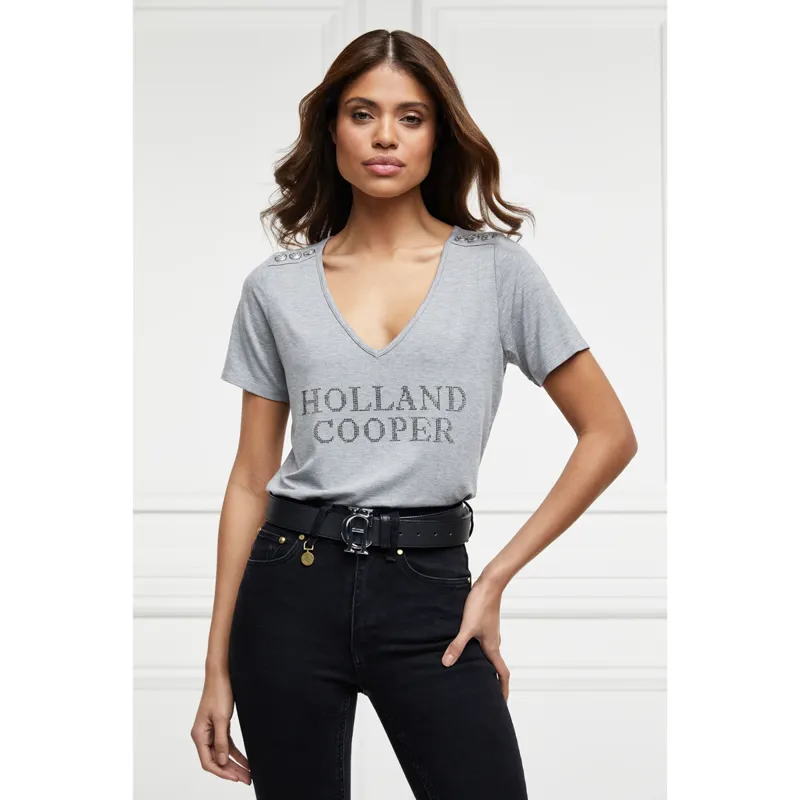Holland Cooper Diamante Vee Neck Tee - Grey Marl